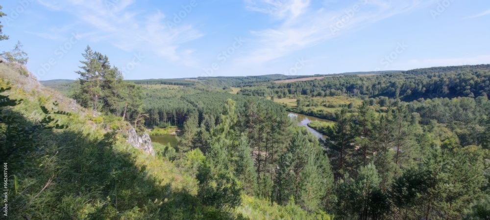 Fototapeta premium Lush Green Forest Landscape with Rolling Hills and a Winding River on a Sunny Day. Scenic Beauty