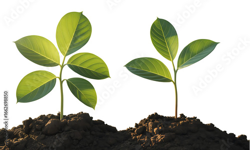 Two Young Green Plants Growing in Soil Isolated on Transparent Background 