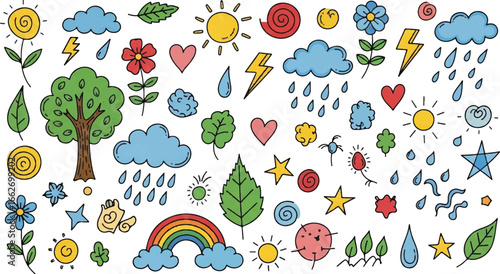 Illustration of a collection of nature themed doodles including suns clouds trees and rainbows and raindrops