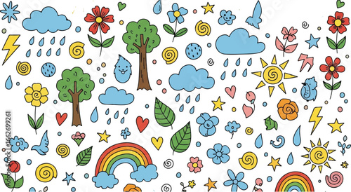 Doodle style illustration featuring trees flowers clouds suns raindrops and other whimsical elements
