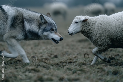 Gray wolf and white sheep face off in dry field, tense eye contact and aggressive posture suggest predator prey confrontation in nature