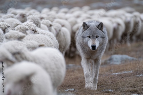 Gray wolf walking through flock of white sheep, direct eye contact creates tension and metaphor of predator among prey