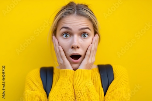 Shocked girl student in yellow sweater and background, expressive reaction pose