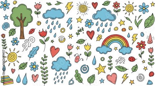 Doodle style illustration featuring a tree, clouds, rainbow, hearts, flowers, leaves, and other elements