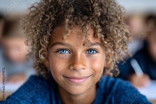 Wallpaper Mural Smiling boy student with curly hair, confident classroom portrait Torontodigital.ca
