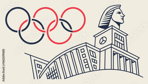Olympics games rings with sphinx monument vector illustration for sports and history themed designs