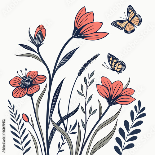 Whimsical hand-painted floral border with butterflies — colorful watercolor gouache botanical illustration on white background, cute playful spring garden banner for nursery decor and greeting cards