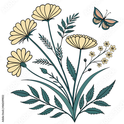 Whimsical hand-painted floral border with butterflies — colorful watercolor gouache botanical illustration on white background, cute playful spring garden banner for nursery decor and greeting cards