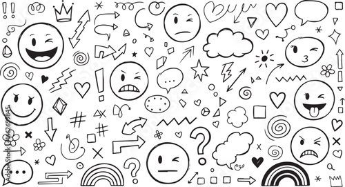 Hand drawn doodles with smiley faces, arrows, hearts, stars, and other assorted shapes and symbols scattered about