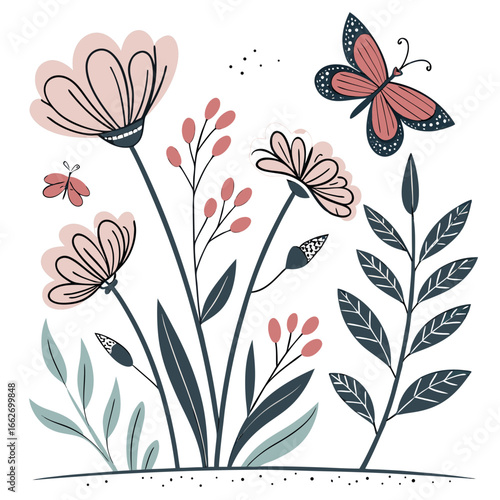 Whimsical hand-painted floral border with butterflies — colorful watercolor gouache botanical illustration on white background, cute playful spring garden banner for nursery decor and greeting cards
