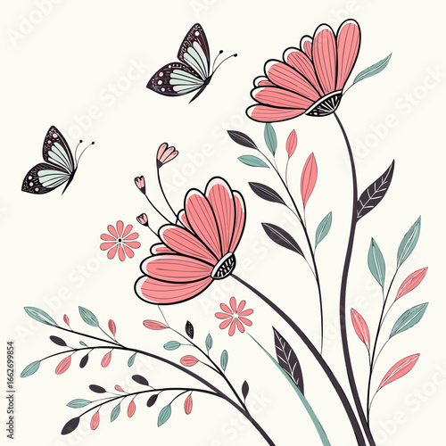 Whimsical hand-painted floral border with butterflies — colorful watercolor gouache botanical illustration on white background, cute playful spring garden banner for nursery decor and greeting cards