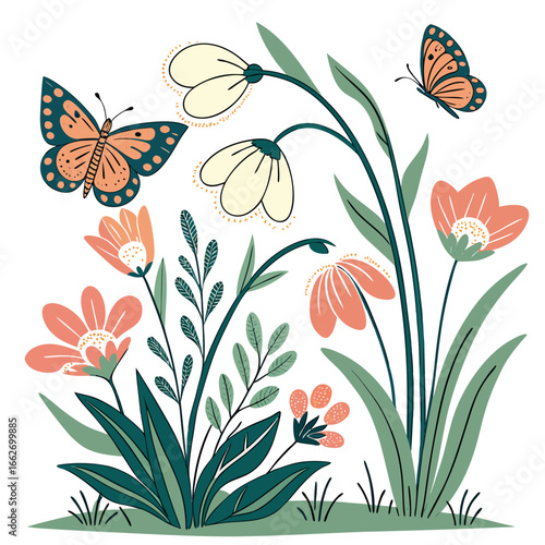 Whimsical hand-painted floral border with butterflies — colorful watercolor gouache botanical illustration on white background, cute playful spring garden banner for nursery decor and greeting cards