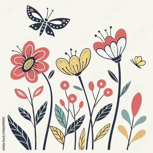 Whimsical hand-painted floral border with butterflies — colorful watercolor gouache botanical illustration on white background, cute playful spring garden banner for nursery decor and greeting cards