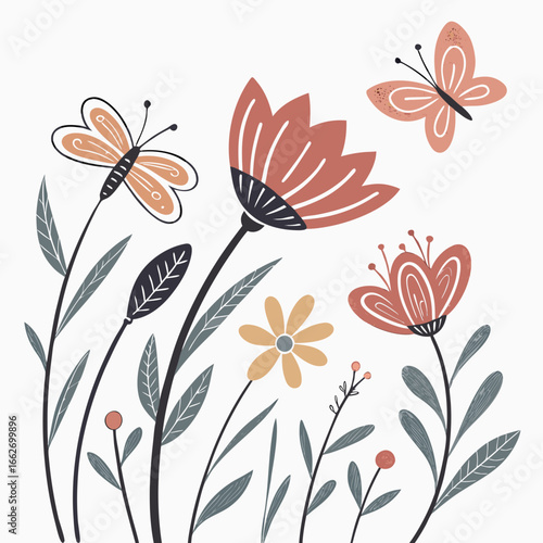 Whimsical hand-painted floral border with butterflies — colorful watercolor gouache botanical illustration on white background, cute playful spring garden banner for nursery decor and greeting cards