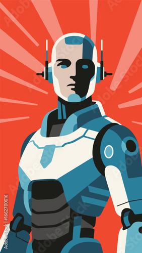 A humanoid robot stands proudly, displaying a combination of blue and white armor, highlighting intricate technological details.