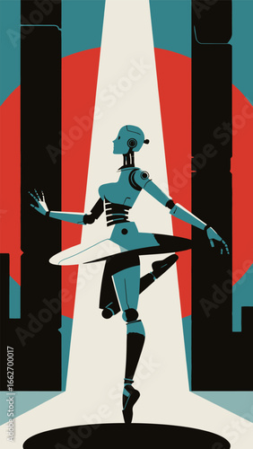 A robot ballet dancer gracefully spins on stage, illuminated by a bright spotlight. The striking red background enhances the futuristic atmosphere created by towering structures, adding a dynamic touc
