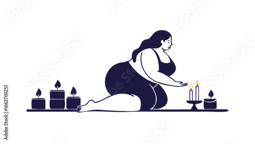 Body positive woman meditating with candles for mindfulness and wellness in a peaceful setting design