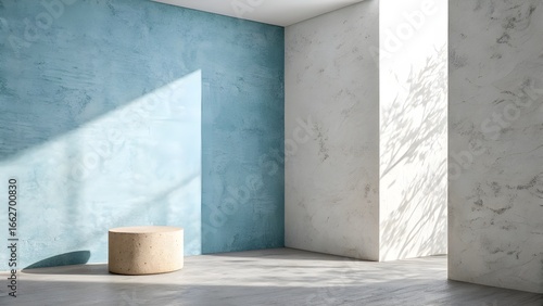 interior of a house, Cool-toned minimalist background for product photography with warm natural light