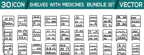 shelves with medicines bundle vector icon