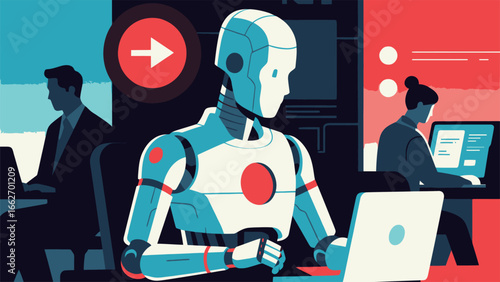 A robot interacts with a laptop in a contemporary office setting, surrounded by employees engaged in their work. The colorful backdrop highlights productivity and technological advancement, symbolizin