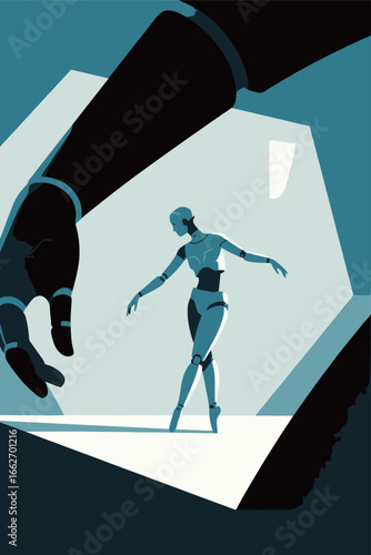 A robotic figure gracefully dances in a stylized environment, with a large hand reaching in from the side, emphasizing the fusion of technology and art. The colors create a striking contrast that enha