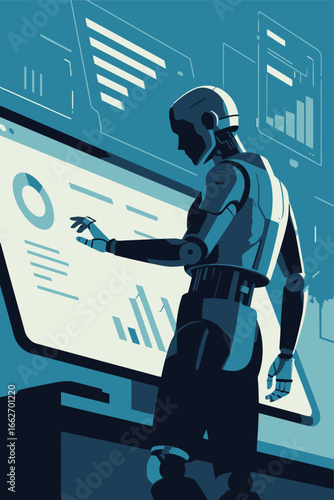 A humanoid robot interacts with a large digital screen displaying various data visualizations and analytics. This high-tech environment emphasizes advancements in artificial intelligence and machine l