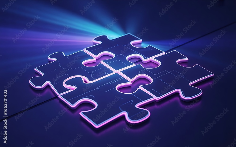 Fototapeta premium Connected puzzle pieces glow
