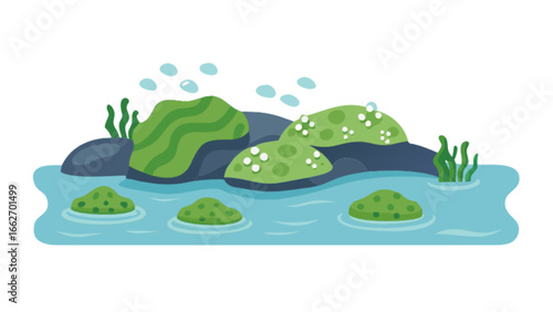 Aquatic ecosystem illustration with rocks, algae, and water bubbles for educational purposes online