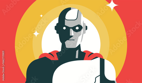 A confident superhero figure with a sleek design and robotic features showcases a blend of strength and modernity. Set against a bright circular background, the colors radiate energy, perfect for capt
