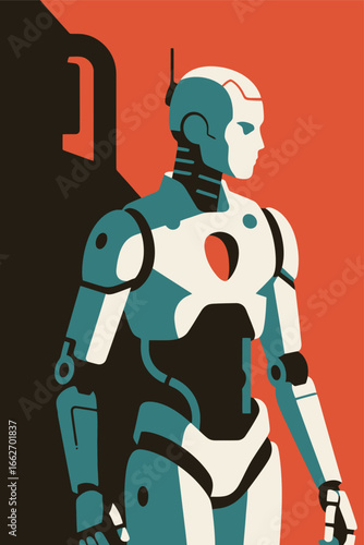 A humanoid robot with a sleek design stands upright, showcasing its mechanical features and detailed surface. The background blends bold colors, creating an energetic contrast that emphasizes the subj