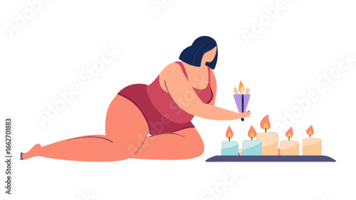 Woman lighting candles relaxation ritual wellness spa body positive self care aromatherapy at home vector art