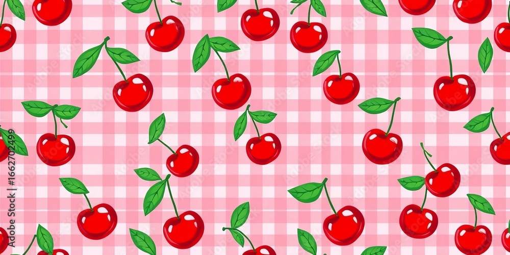 Cute gingham cherry pattern, pink background, seamless vector illustration for textile print, background, adorable Cute gingham cherry pattern, pink background, seamless vector illustration for textile print, background, adorable