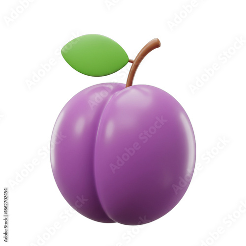 A 3D rendered purple plum with a green leaf and brown stem.
