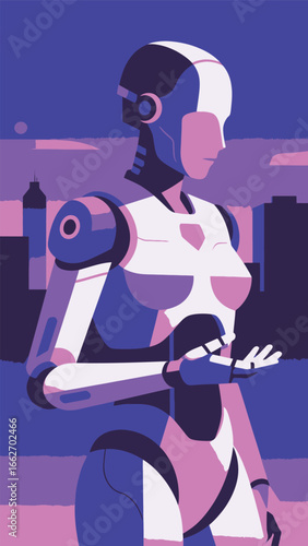 A humanoid robot stands in an urban setting as dusk approaches, surrounded by a colorful skyline. The robot appears contemplative, with its hand poised as if considering its next action. The sky refle