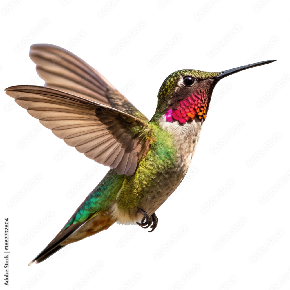 Fototapeta premium Colorful and vibrant hummingbirds are often captured in flight, hovering near flowers or 
