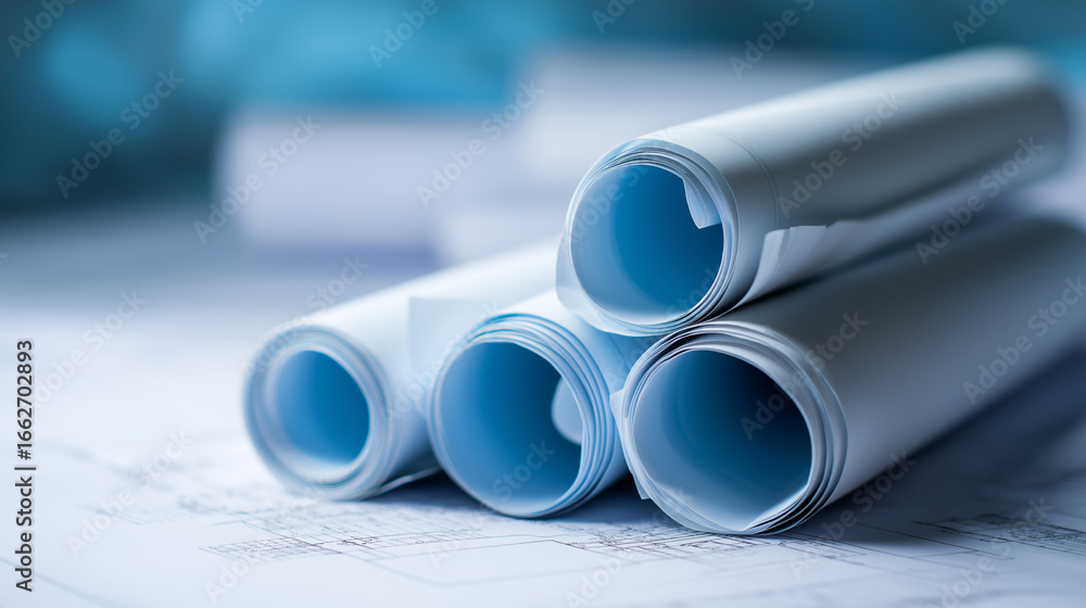 Fototapeta premium Rolled architectural blueprints resting on a construction site surface, with scaffolding and buildings visible in the background.