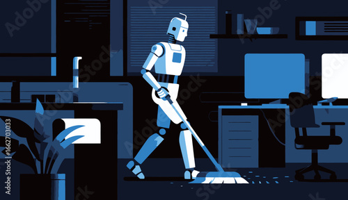 A robot cleaner is actively mopping the floor in a contemporary office setting during nighttime. The workspace features computers and office furniture, emphasizing a blend of technology and cleanlines