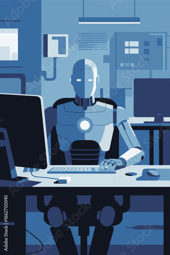 A robot with a sleek design sits at a desk in a high-tech office, focused intently on the computer screen. The dim lighting and blue hues create a futuristic atmosphere while various tech devices popu
