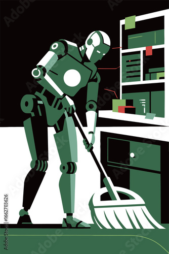 A humanoid robot is engrossed in cleaning a kitchen space with a mop. The surroundings feature sleek cabinetry and a minimalist design. The scene highlights the integration of robotics in daily chores