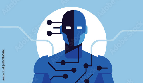 A humanoid figure composed of geometric shapes and circuit patterns stands prominently against a smooth blue backdrop.