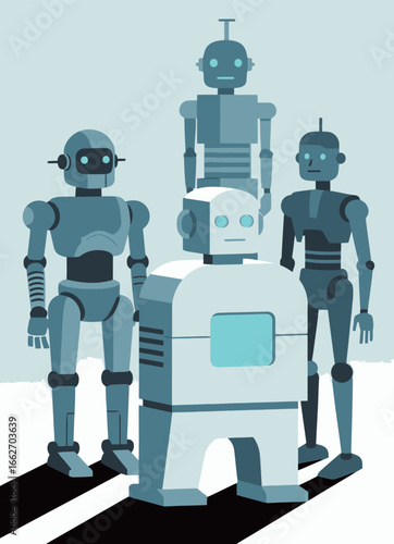 Four distinct robots stand together in a minimalist space. Each robot features unique designs and colors, emphasizing their technological advancements. The setting is clean, highlighting their futuris