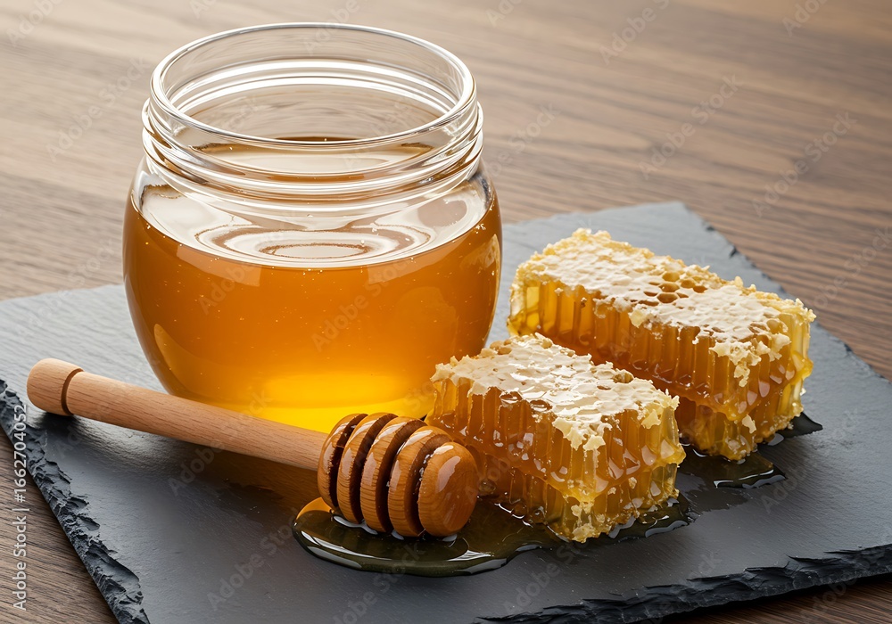 Fototapeta premium Mockup golden honey in a jar with honeycomb and a wooden dipper commercial usage