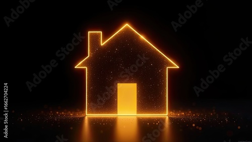Transparent gold luminous symbol of house on black  background with golden glitter. Real estate, realtor, mortgage, insurance, booking, construction, insulation, heating.