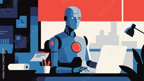 A humanoid robot is focused on a laptop in a sleek office environment. Bright windows cast daylight onto the desk, cluttered with stationery and documents.