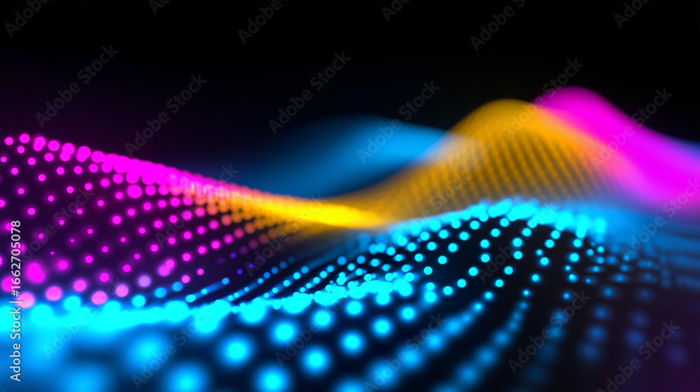 Obraz premium Colorful wave of glowing LED dots on black background creating futuristic digital pattern. 