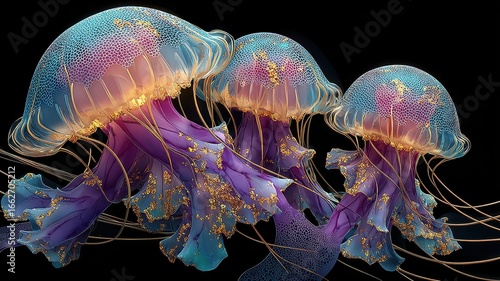Colorful Jellyfish Swimming in Dark Water with Stunning Details