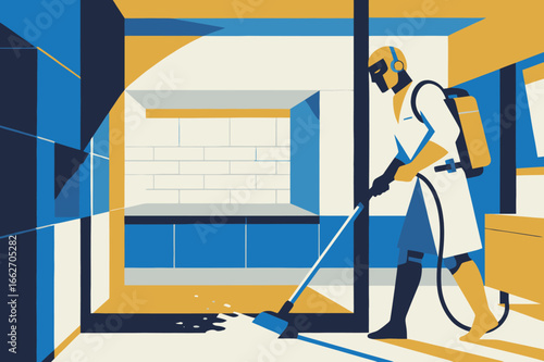 A worker in protective gear operates a cleaning machine in a contemporary kitchen. The space is bright, with yellow and blue accents. Attention is focused on cleaning surfaces effectively, ensuring a 