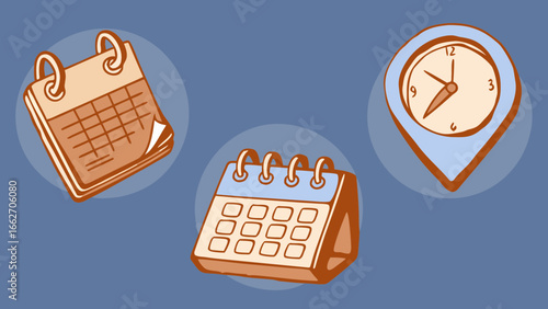 "Calendar, Location Pin, Clock Icons Set – Event Planning and Schedule Vector"
