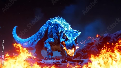 
a blue dinosaur with its mouth open in the middle of a desert 4k video