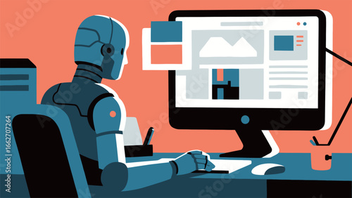 A robot is seated at a desk, focused on a computer screen displaying various designs and layouts. The workspace features organized tools and a plant, creating a blend of technology and creativity, hig